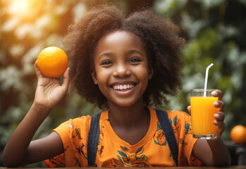 Happy African girl holding an orange and a glass of orange juice