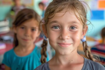 child girl school group portrait student boy education happy elementary pupil friend young kid smiling caucasian female together childhood little class classroom - obrazy, fototapety, plakaty
