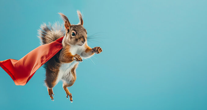 flying squirrel with a superhero cape on blue background