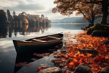 a boat is sitting on the shore of a lake surrounded by leaves