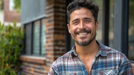 Obraz premium Happy positive face, hispanic guy in the city close-up portrait