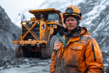 Miner standing proudly beside massive bulldozer in rugged industrial setting, showcasing dedication and expertise