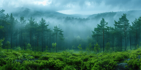 clearing of foggy mountain forest in the morning, beautiful nature scenery.