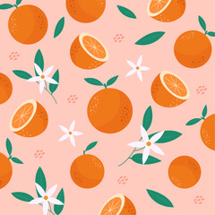 Orange with leaves and flower patterns. Orange cut in half. Exotic decorative background. Hand-drawn fruit pattern.