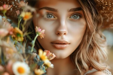 Beautiful young girl with flowers, close-up