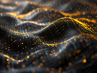 Abstract background of glowing gold mesh or interwoven lines on a dark background. - obrazy, fototapety, plakaty