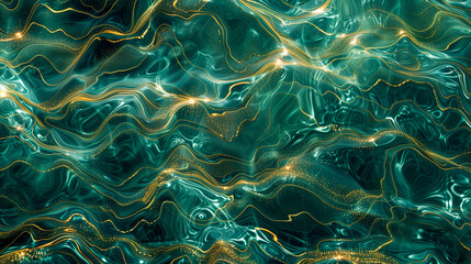 Elegant digital waves in a dance of green and aurous hues, a luxury background concept.