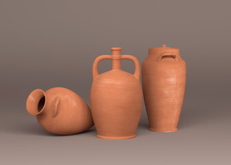 Ceramic jugs against a wall backdrop, 3d illustration