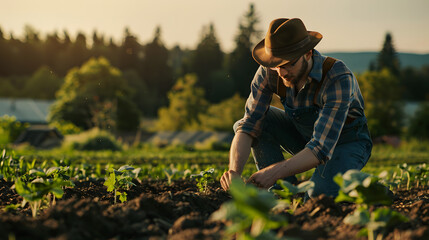 A farmer man working in the fields. Agriculture - obrazy, fototapety, plakaty
