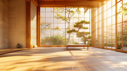Minimalist Japanese room with tranquil ambiance and soft shadows.