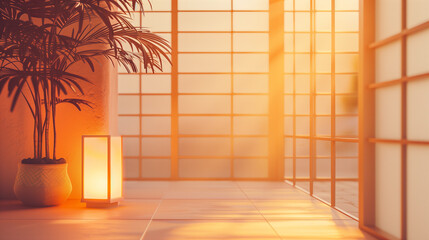 Minimalist Japanese room with tranquil ambiance and soft shadows.