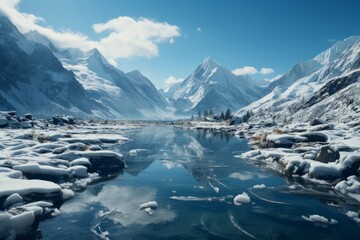 A picturesque frozen lake surrounded by snowcovered mountains