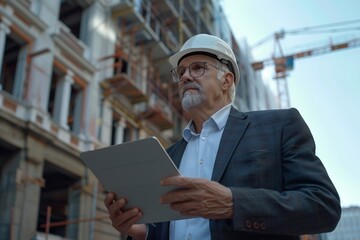 senior businessman architect helmet construction site building architecture tablet computer protective workwear blueprint plan - Powered by Adobe