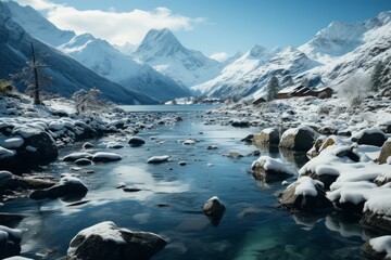 Snowy mountain valley with river flowing amidst snowcovered rocks - obrazy, fototapety, plakaty
