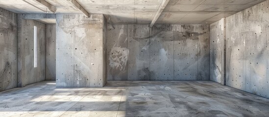 Obraz premium An empty room with concrete walls and floors is being constructed in a building. The fixture, door, and facade will soon be added to complete the space