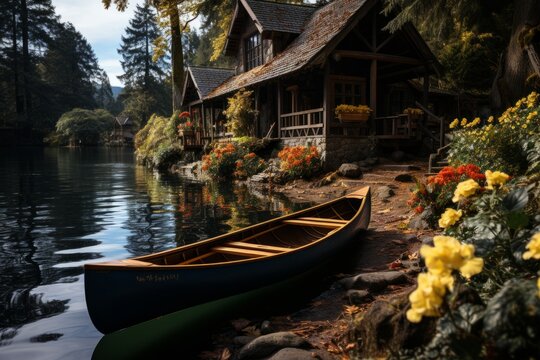 Boat rests by house on lake shore, amidst trees and plants
