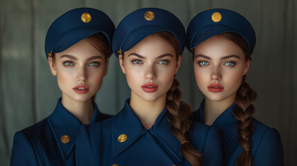 The elegance of stewardesses in diverse uniforms across dynamic settings. From vintage charm to futuristic chic, each portrait blends fashion, professionalism, and vibrant contrasts.