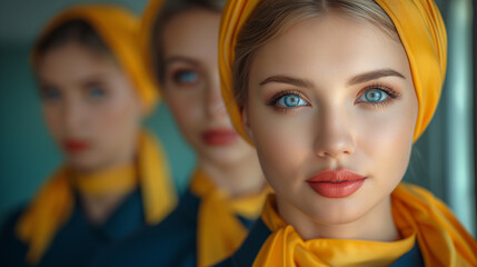 The elegance of stewardesses in diverse uniforms across dynamic settings. From vintage charm to futuristic chic, each portrait blends fashion, professionalism, and vibrant contrasts.