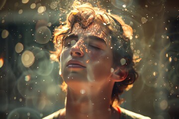 Young Man Eyes Closed, Deep in Thought - obrazy, fototapety, plakaty
