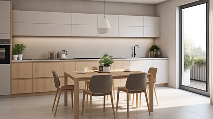 Fototapeta na wymiar Bright and Airy Modern Kitchen with Open Shelving and Dining Area