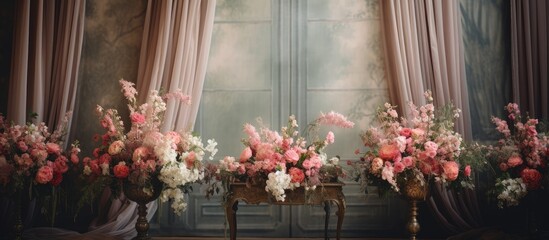 flowers in vases on table with curtain backdrop