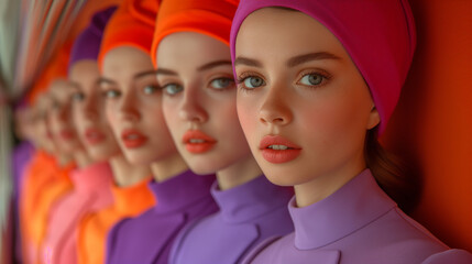 Fototapeta premium The elegance of stewardesses in diverse uniforms across dynamic settings. From vintage charm to futuristic chic, each portrait blends fashion, professionalism, and vibrant contrasts.