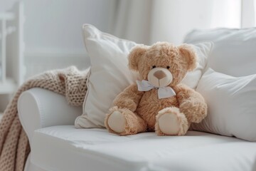 Teddy bear on white sofa with pillow and knitted blanket