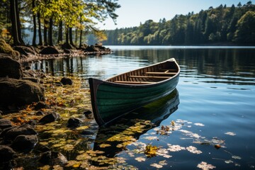 Wooden canoe rests on lake shore against natural landscape backdrop - obrazy, fototapety, plakaty