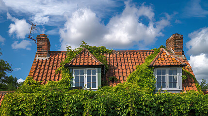 A traditional house roof with sloping angles covered in terracotta tiles, adorned with chimney stacks and dormer windows peeking