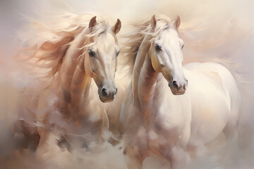 Digital painting of two beautiful horses with flowing manes