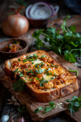 Tempting Delight: A Slice of Buttered Iyengar Bread Toast with Fiery Chili Garlic Chutney On A Rustic Wooden Setting