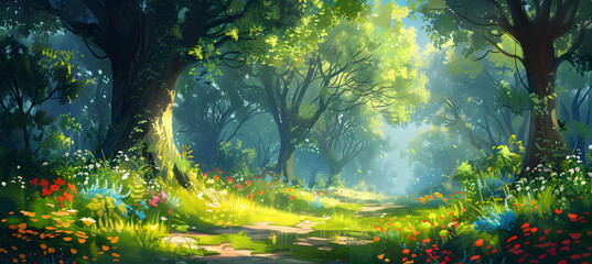 A digital painting of a beautiful enchanted forest with big fairytale trees and great vegetation.
