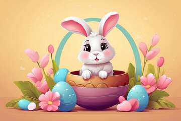 A cute Easter bunny with a basket of chocolate eggs and spring flowers is an illustration of a children character, a traditional holiday card on a colored background. AI generated