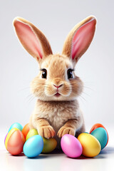 A cute Easter bunny with a basket of eggs and spring flowers is an illustration of a children character on a white background, a traditional holiday card. 