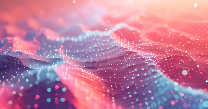 Sfondo digitale astratto con particelle e luci colorate rosa e blu con onde