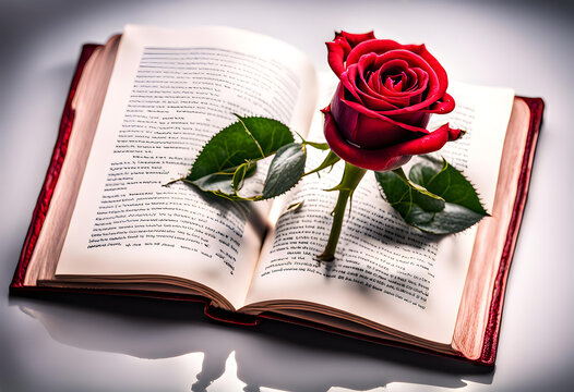 Fresh red rose stands on opened book