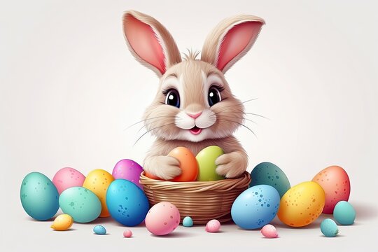 A cute Easter bunny with a basket of eggs and spring flowers is an illustration of a children character on a white background, a traditional holiday card. 