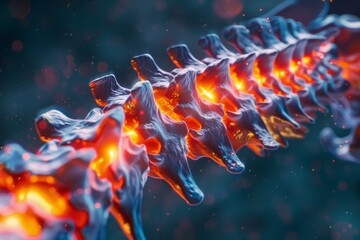 Abstract and artistic depiction of the spine with elements of science fiction and modern digital...