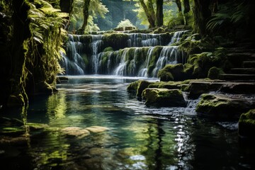 A waterfall cascades in a lush forest, contributes to the beautiful landscape - obrazy, fototapety, plakaty