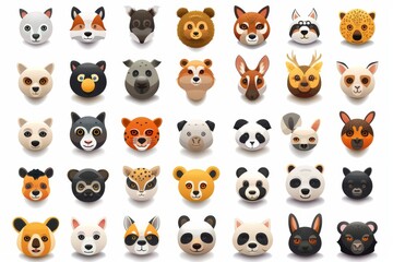 Set of animal faces, face emojis, stickers, emoticons. Animals vector emoji illustration set.