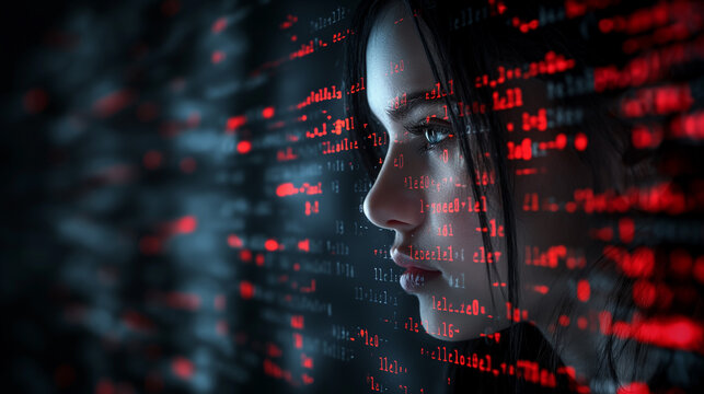 Woman's face with augmented code and digital data, double exposure, digital technology and analytics background