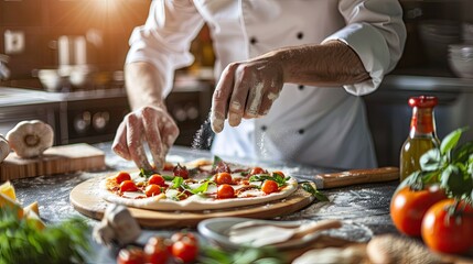 Make a pizza. male chef preparing pizza in professional modern kitchen background, close up, local...