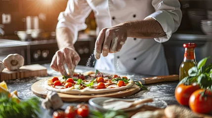 Foto op Canvas Make a pizza. male chef preparing pizza in professional modern kitchen background, close up, local food, traditional Italian pizza, handmade whole foods. Banner pizza © Ilmi