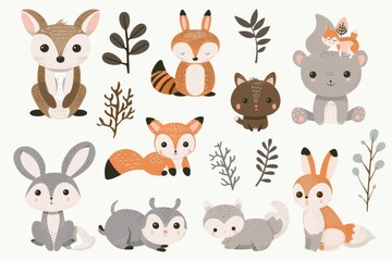 Set of cute designer animals on white background. Vector illustration for printing on fabric, postcard, wrapping paper, book, picture, Wallpaper. Cute baby background. stock illustration