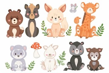 Set of cute designer animals on white background. Vector illustration for printing on fabric, postcard, wrapping paper, book, picture, Wallpaper. Cute baby background. stock illustration