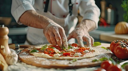 Make a pizza. male chef preparing pizza in professional modern kitchen background, close up, local food, traditional Italian pizza, handmade whole foods. Banner pizza