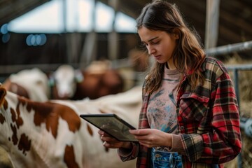 Shot of a young woman using a digital tablet while working at a cow farm
