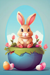 A cute Easter bunny with a basket of eggs and spring flowers is an illustration of a children character, a traditional holiday card on a colored background. 