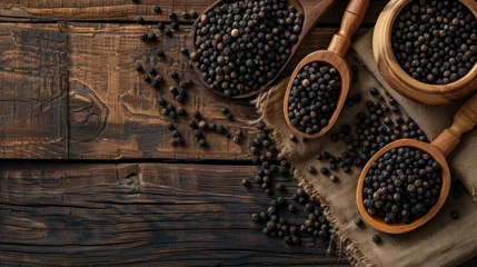 Poster Unripe drupes of fresh black pepper flatlay on brown wood backgound four bunches one wooden bowl and spatula filled with grains © Emil