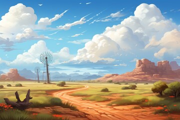 Desert Landscape With Distant Windmill